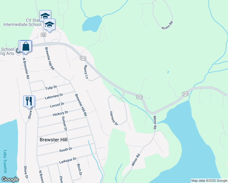 map of restaurants, bars, coffee shops, grocery stores, and more near 30 Harvest Drive in Brewster