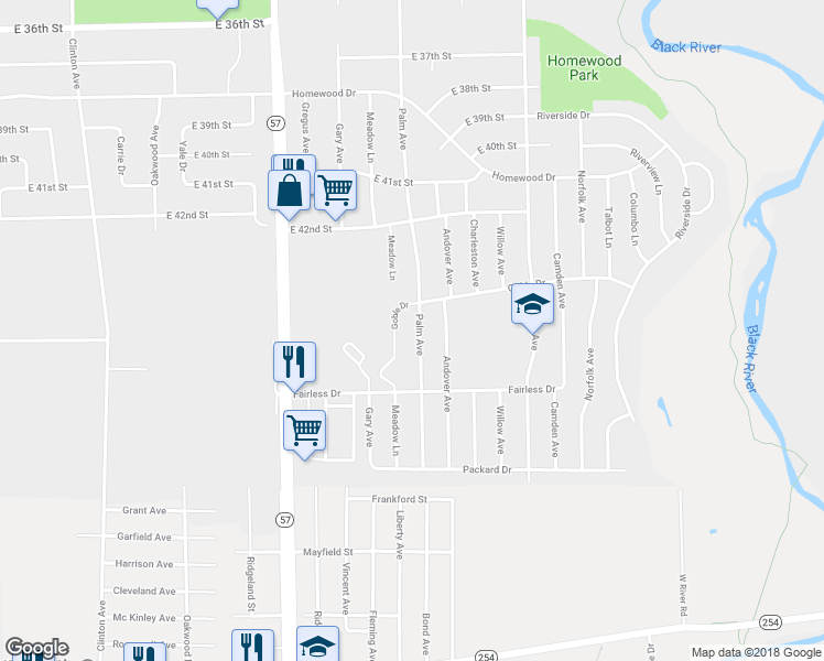 map of restaurants, bars, coffee shops, grocery stores, and more near 4420 Palm Avenue in Lorain