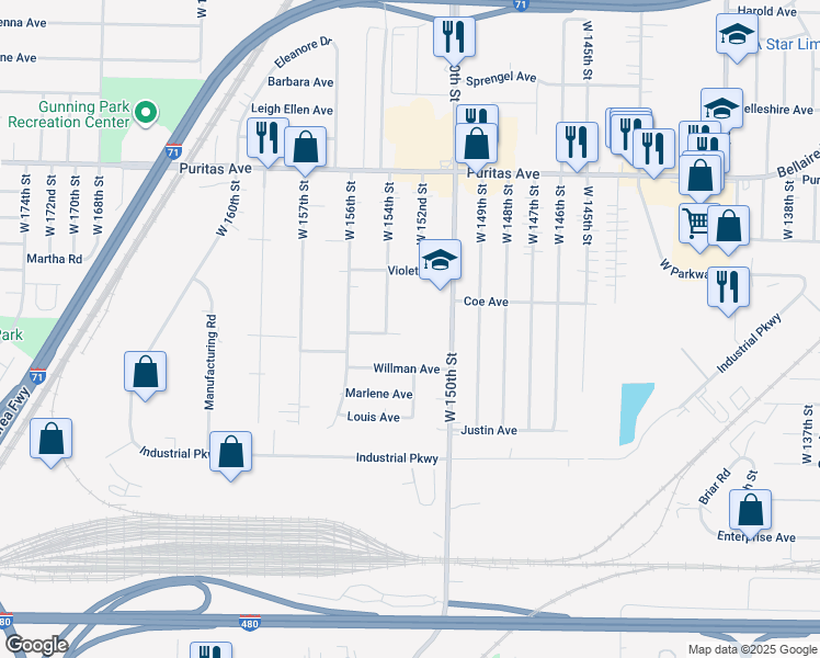 map of restaurants, bars, coffee shops, grocery stores, and more near 4550 West 150th Street in Cleveland