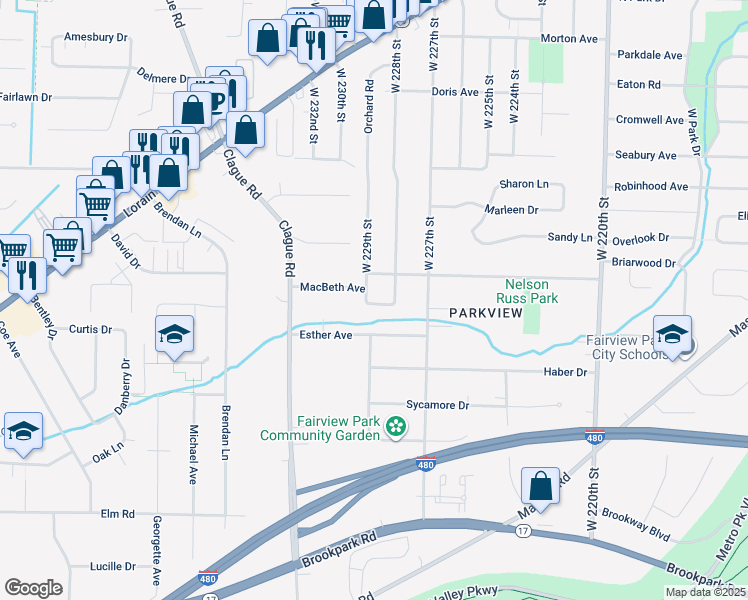 map of restaurants, bars, coffee shops, grocery stores, and more near 5430 West 229th Street in Fairview Park