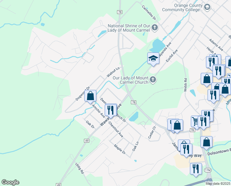 map of restaurants, bars, coffee shops, grocery stores, and more near 20 Deer Court Drive in Middletown