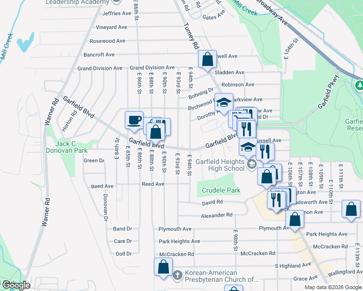 map of restaurants, bars, coffee shops, grocery stores, and more near 9314 Garfield Boulevard in Garfield Heights