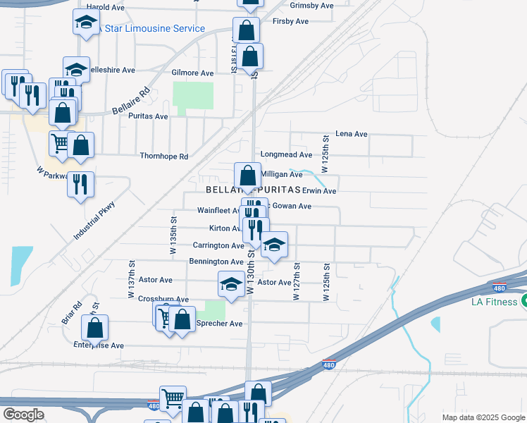 map of restaurants, bars, coffee shops, grocery stores, and more near in Cleveland