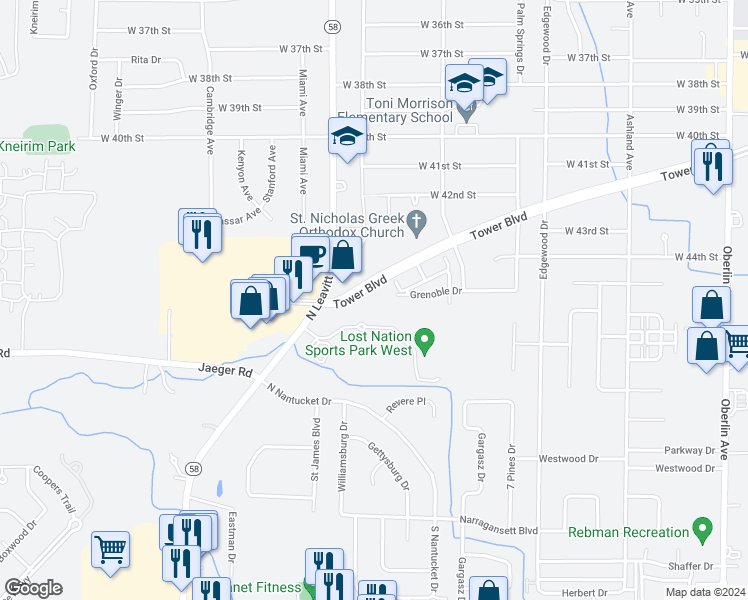 map of restaurants, bars, coffee shops, grocery stores, and more near in Lorain