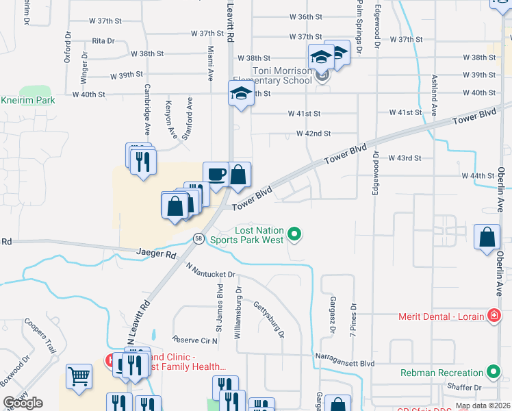 map of restaurants, bars, coffee shops, grocery stores, and more near Highway 2 in Lorain
