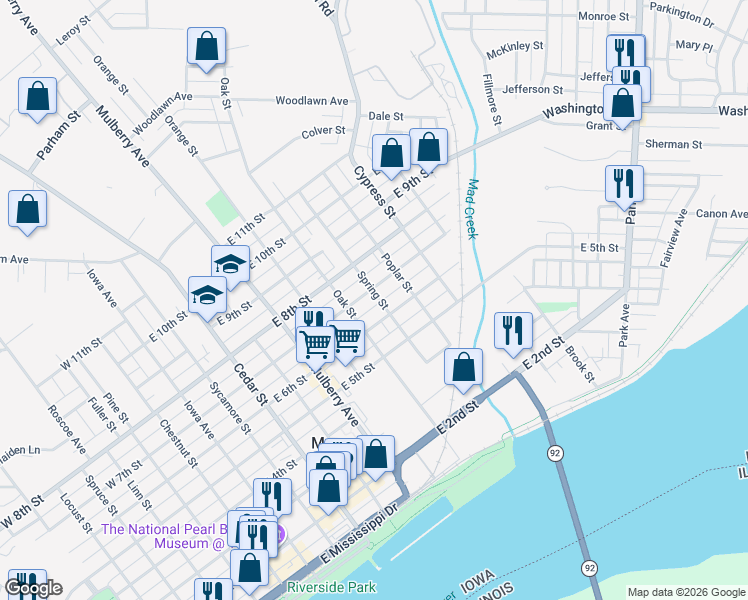 map of restaurants, bars, coffee shops, grocery stores, and more near 701 East 6th Street in Muscatine