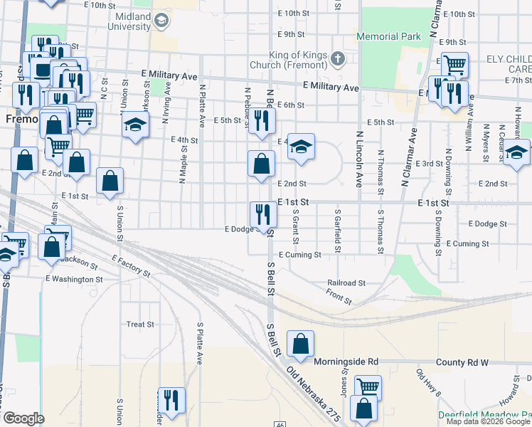 map of restaurants, bars, coffee shops, grocery stores, and more near 100 South Pebble Street in Fremont