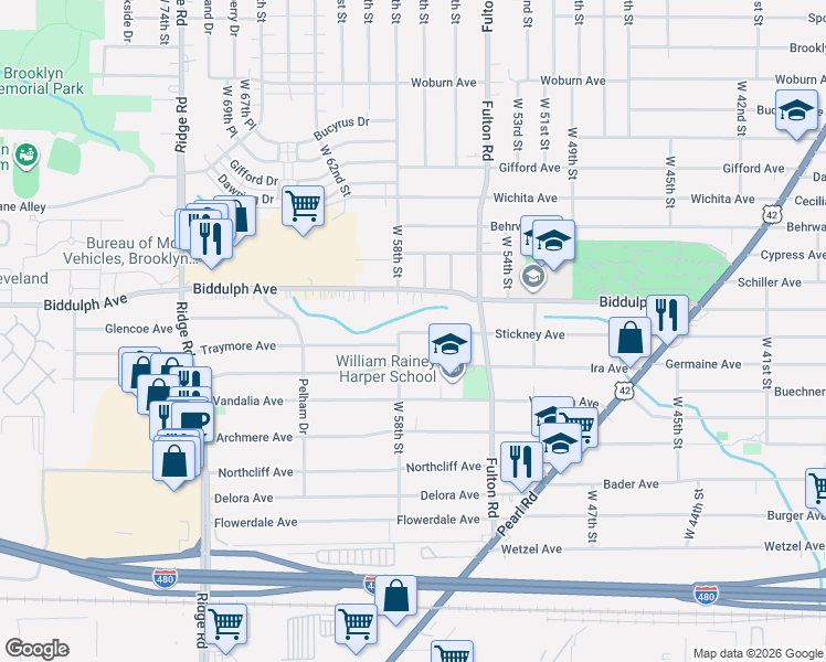 map of restaurants, bars, coffee shops, grocery stores, and more near 5704 Ira Avenue in Cleveland