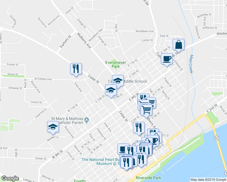map of restaurants, bars, coffee shops, grocery stores, and more near 901 Cedar Street in Muscatine