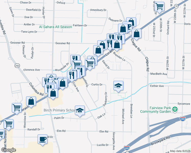 map of restaurants, bars, coffee shops, grocery stores, and more near 23784 Curtis Drive in North Olmsted