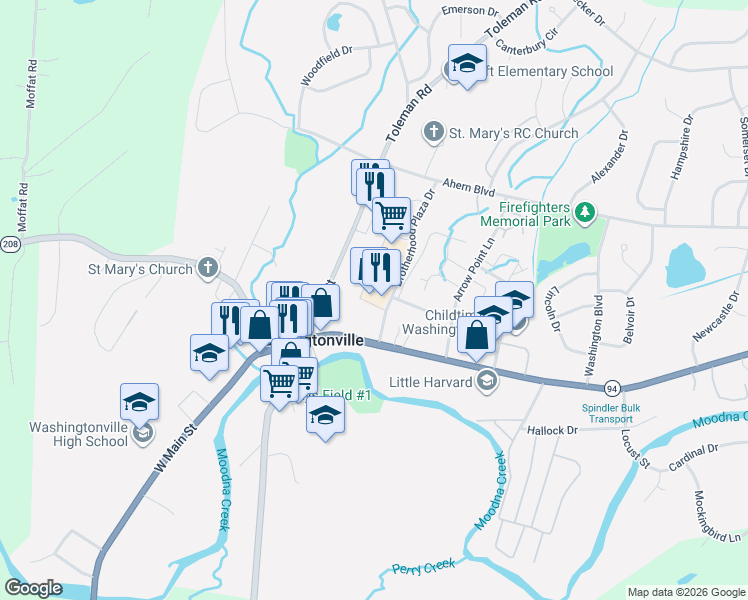 map of restaurants, bars, coffee shops, grocery stores, and more near 16 Brotherhood Plaza Drive in Washingtonville