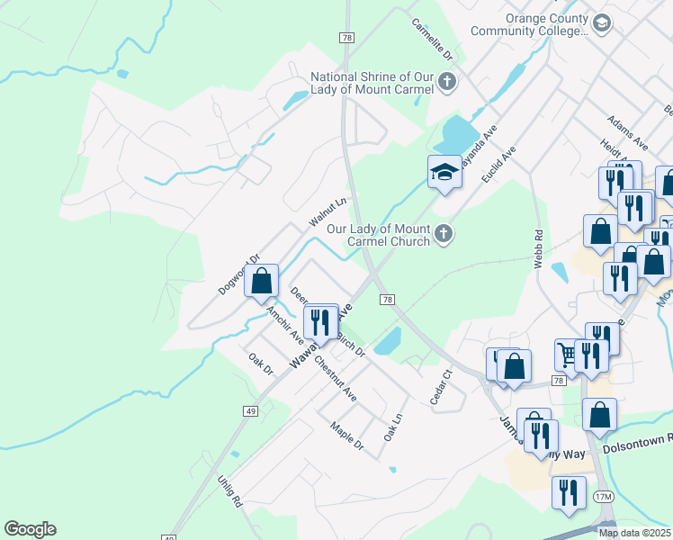 map of restaurants, bars, coffee shops, grocery stores, and more near 20 Deer Court Drive in Middletown