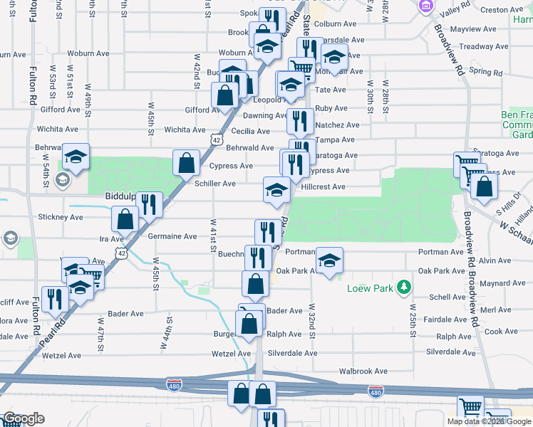map of restaurants, bars, coffee shops, grocery stores, and more near 3602 Germaine Avenue in Cleveland