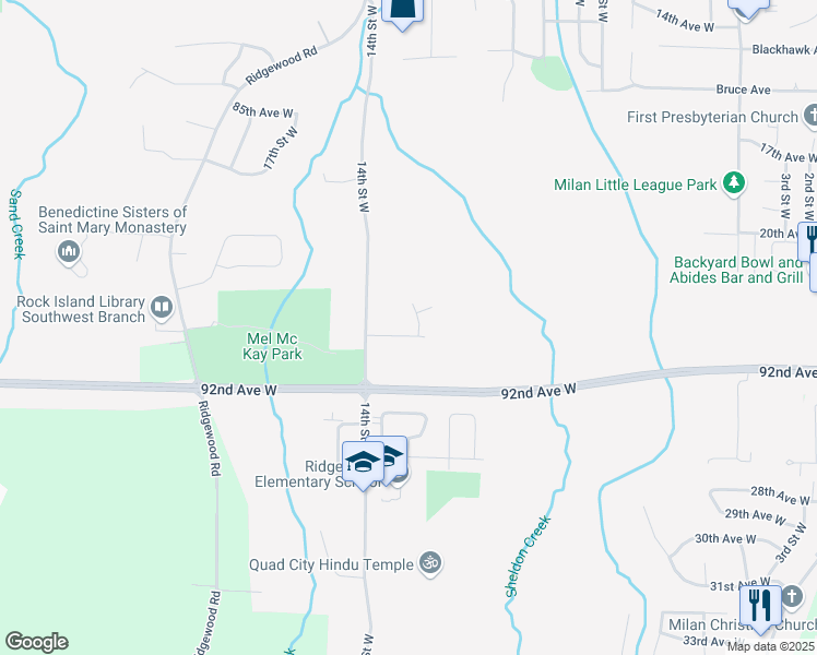 map of restaurants, bars, coffee shops, grocery stores, and more near 1320-1398 91st Ave W in Rock Island