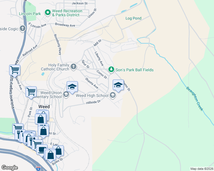 map of restaurants, bars, coffee shops, grocery stores, and more near 870 Hillside Dr in Weed