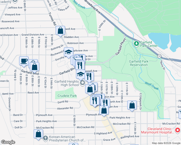 map of restaurants, bars, coffee shops, grocery stores, and more near 10112 Richland Avenue in Garfield Heights
