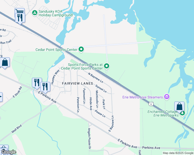 map of restaurants, bars, coffee shops, grocery stores, and more near 2819 Sunset Lane in Sandusky