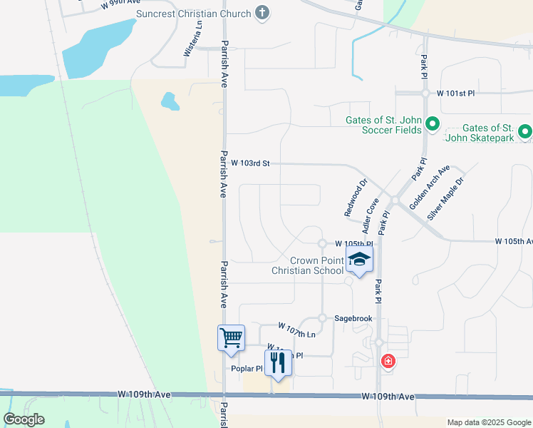 map of restaurants, bars, coffee shops, grocery stores, and more near 10333-10821 Parrish Avenue in Saint John