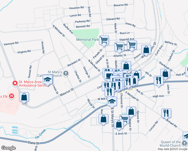 map of restaurants, bars, coffee shops, grocery stores, and more near 231 North Michael Street in St. Marys