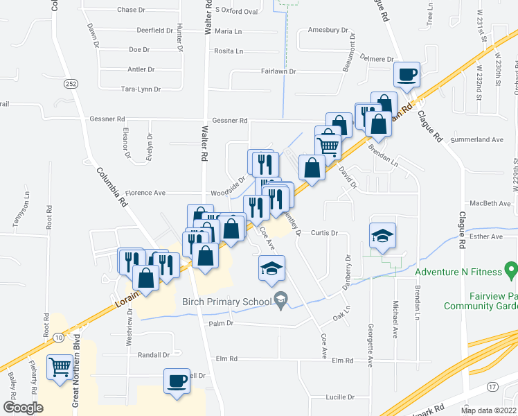 map of restaurants, bars, coffee shops, grocery stores, and more near 24248 Lorain Road in North Olmsted