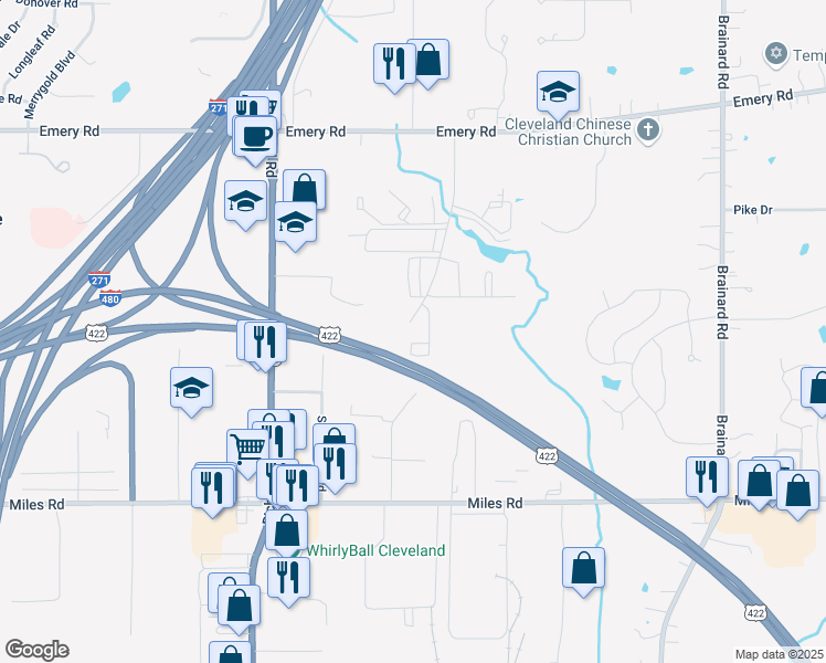 map of restaurants, bars, coffee shops, grocery stores, and more near 4800 Country Lane in Warrensville Heights