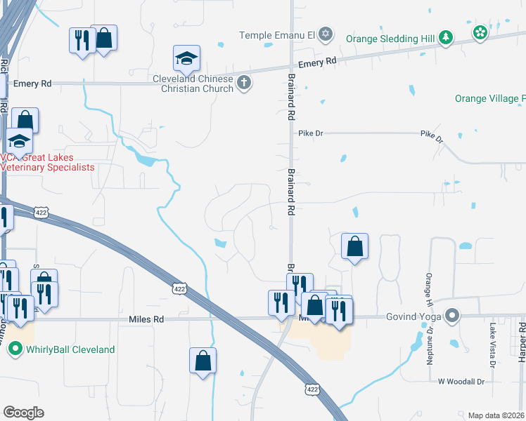 map of restaurants, bars, coffee shops, grocery stores, and more near 521 Crystal Lake Drive North in Moreland Hills