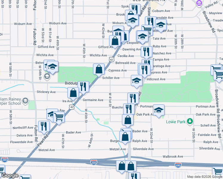 map of restaurants, bars, coffee shops, grocery stores, and more near 4016 Biddulph Avenue in Cleveland