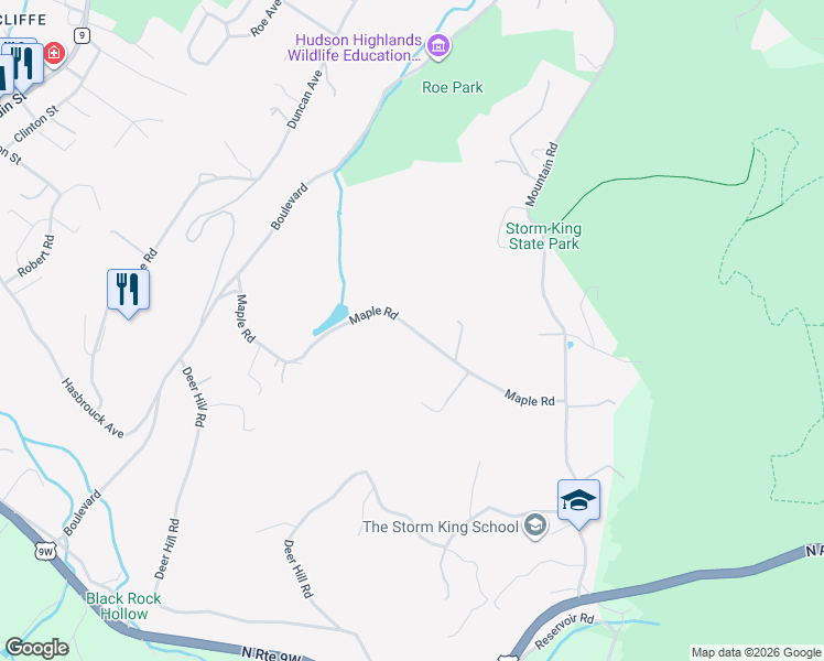 map of restaurants, bars, coffee shops, grocery stores, and more near 72 Maple Road in Cornwall-on-Hudson