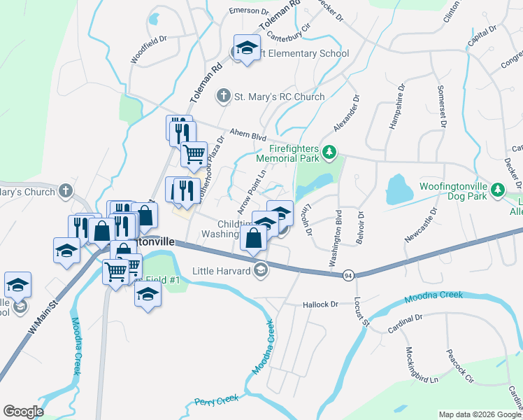 map of restaurants, bars, coffee shops, grocery stores, and more near 1 Goldsmith Court in Washingtonville