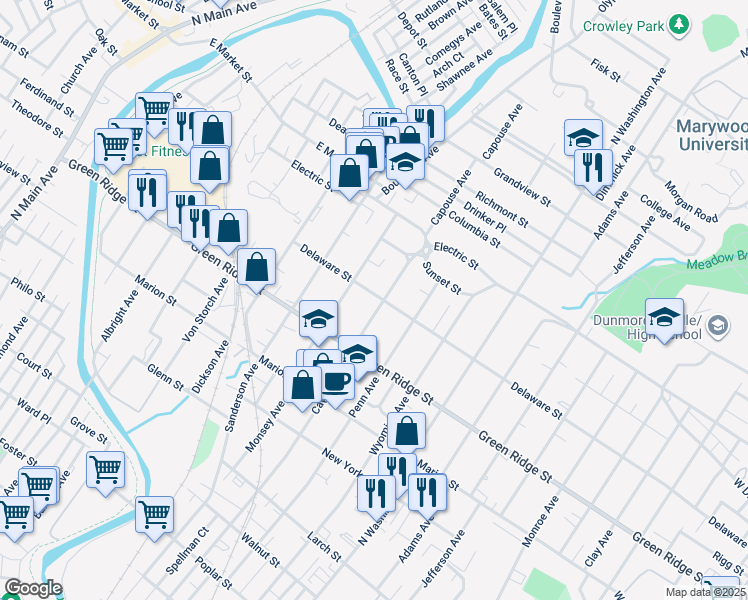 map of restaurants, bars, coffee shops, grocery stores, and more near 809 Delaware Street in Scranton