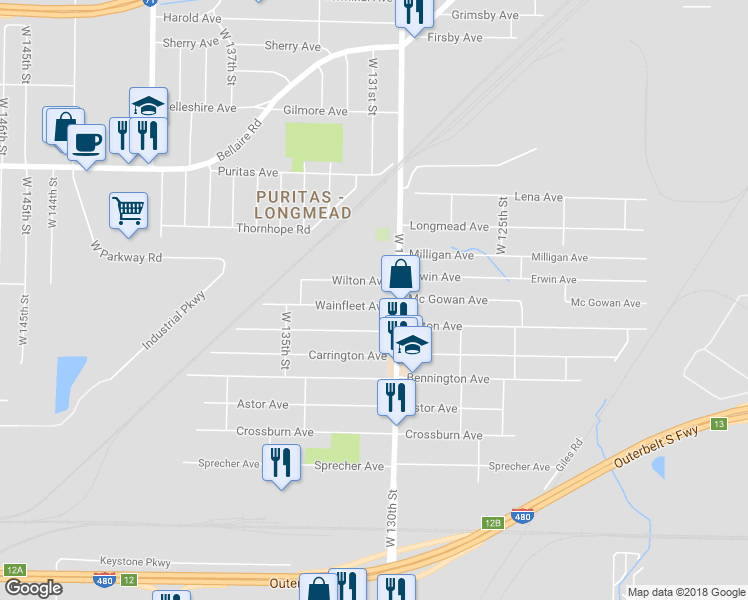 map of restaurants, bars, coffee shops, grocery stores, and more near 13114 Wilton Avenue in Cleveland