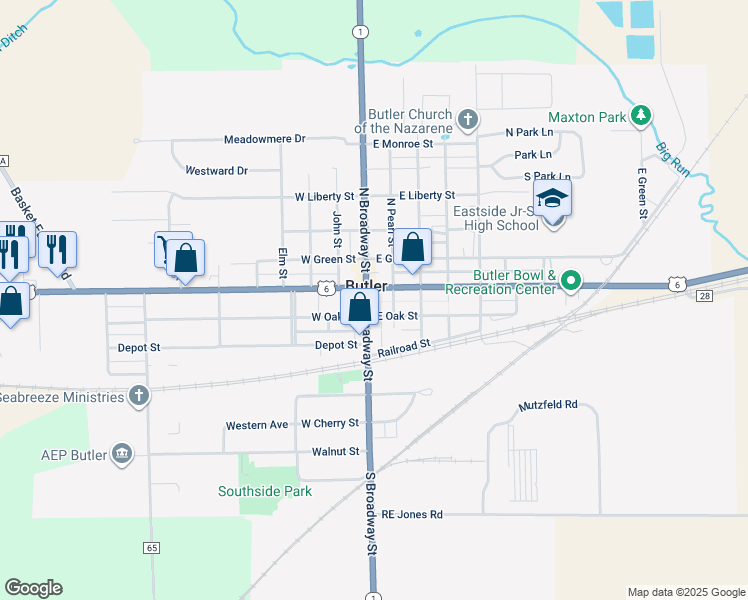 map of restaurants, bars, coffee shops, grocery stores, and more near in Butler