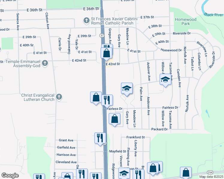 map of restaurants, bars, coffee shops, grocery stores, and more near 2270 East 42nd Street in Lorain