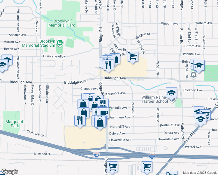 map of restaurants, bars, coffee shops, grocery stores, and more near 6807 Biddulph Road in Brooklyn