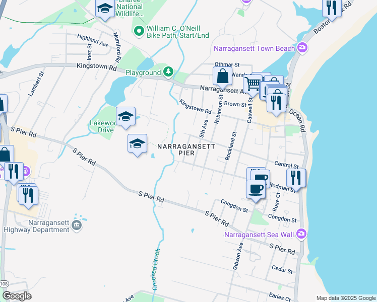 map of restaurants, bars, coffee shops, grocery stores, and more near 44 Watson Avenue in Narragansett