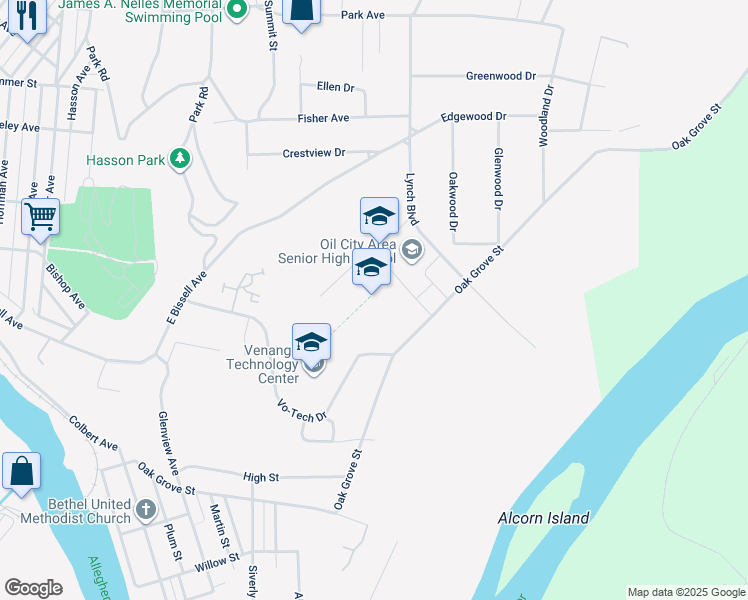 map of restaurants, bars, coffee shops, grocery stores, and more near 10 Lynch Boulevard in Oil City