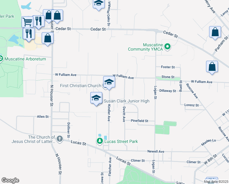 map of restaurants, bars, coffee shops, grocery stores, and more near 621 Kindler Avenue in Muscatine