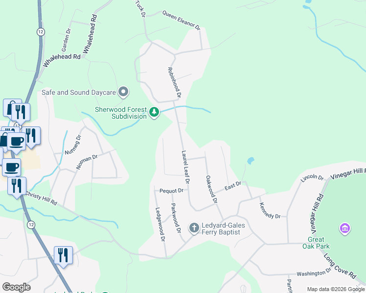 map of restaurants, bars, coffee shops, grocery stores, and more near 40 Laurel Leaf Drive in Ledyard