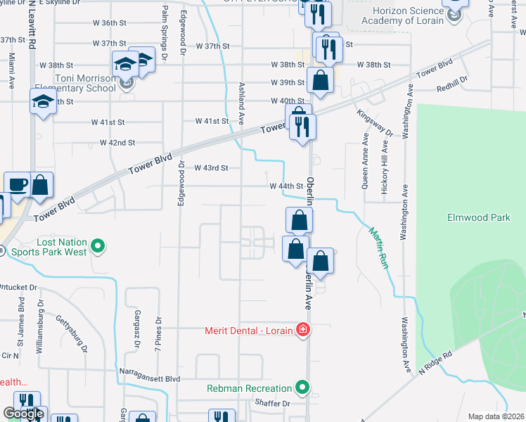 map of restaurants, bars, coffee shops, grocery stores, and more near 1308 Redbud Place in Lorain