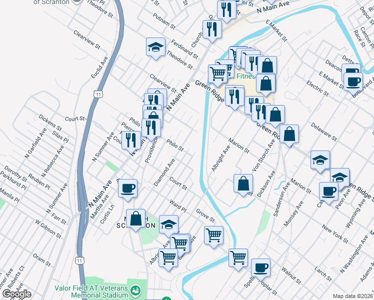map of restaurants, bars, coffee shops, grocery stores, and more near 1314 Diamond Avenue in Scranton