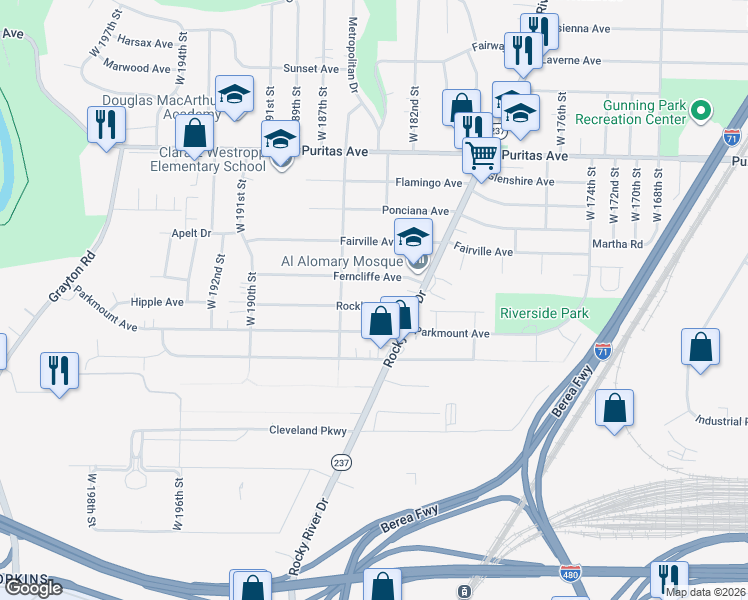 map of restaurants, bars, coffee shops, grocery stores, and more near 18308 Rockland Avenue in Cleveland