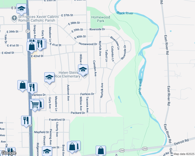 map of restaurants, bars, coffee shops, grocery stores, and more near 4425 Camden Avenue in Lorain