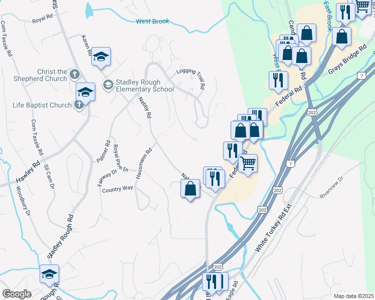 map of restaurants, bars, coffee shops, grocery stores, and more near 1804 Revere Road in Danbury