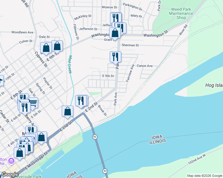 map of restaurants, bars, coffee shops, grocery stores, and more near 1233 East 4th Street in Muscatine