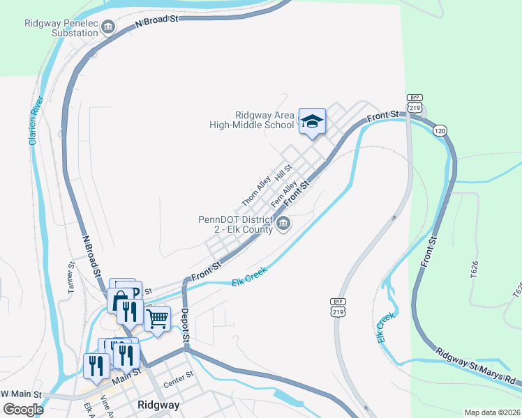 map of restaurants, bars, coffee shops, grocery stores, and more near Coral Alley in Ridgway