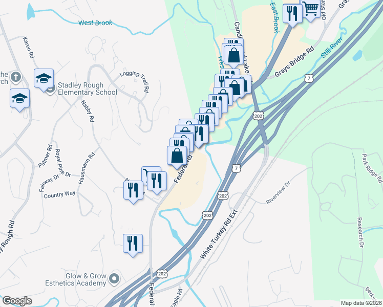 map of restaurants, bars, coffee shops, grocery stores, and more near Federal Rd & Nabby Rd in Danbury