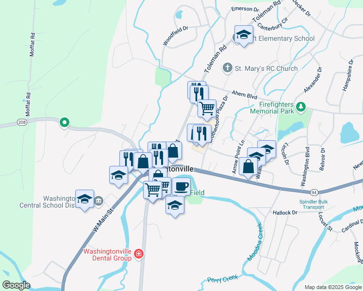 map of restaurants, bars, coffee shops, grocery stores, and more near 27 North Street in Washingtonville