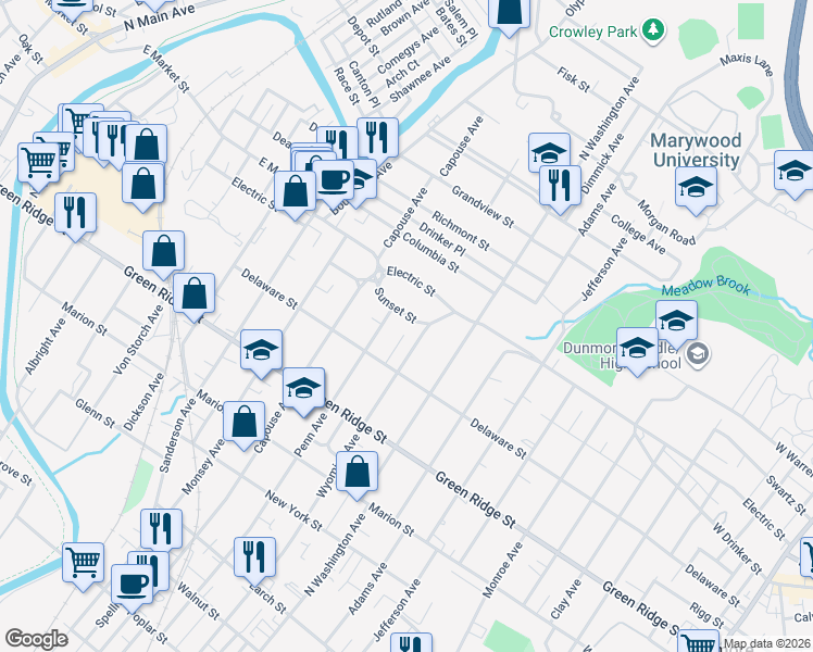 map of restaurants, bars, coffee shops, grocery stores, and more near 1003 Sunset Street in Scranton