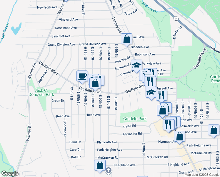 map of restaurants, bars, coffee shops, grocery stores, and more near 4757 East 93rd Street in Garfield Heights