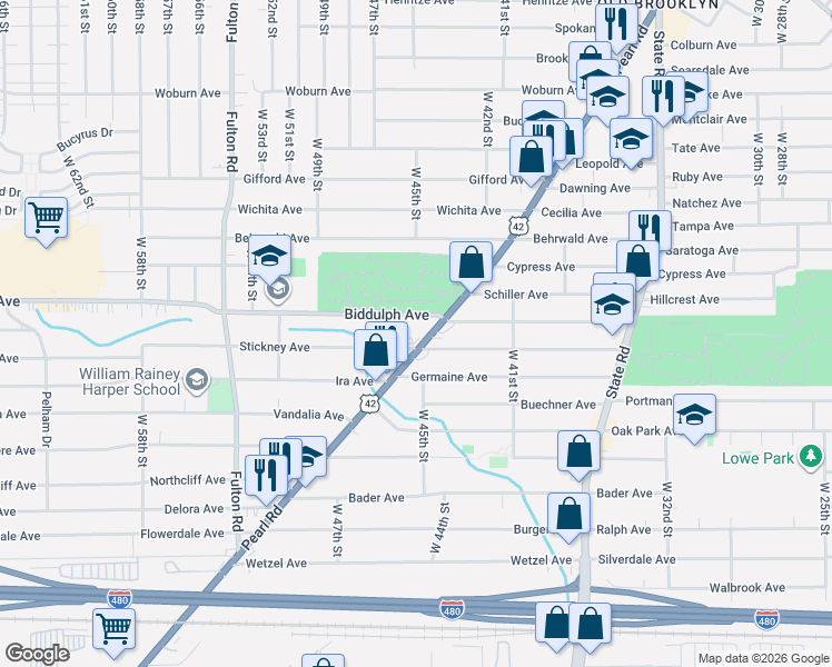 map of restaurants, bars, coffee shops, grocery stores, and more near 4609 Biddulph Road in Cleveland